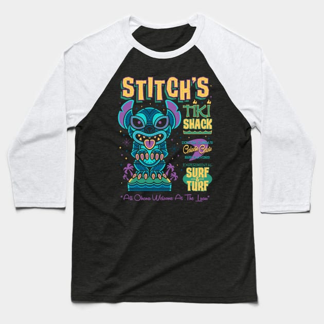 Stitch Tiki Shack - Creepy Cute - Vintage Retro Surf Vacation Baseball T-Shirt by Nemons